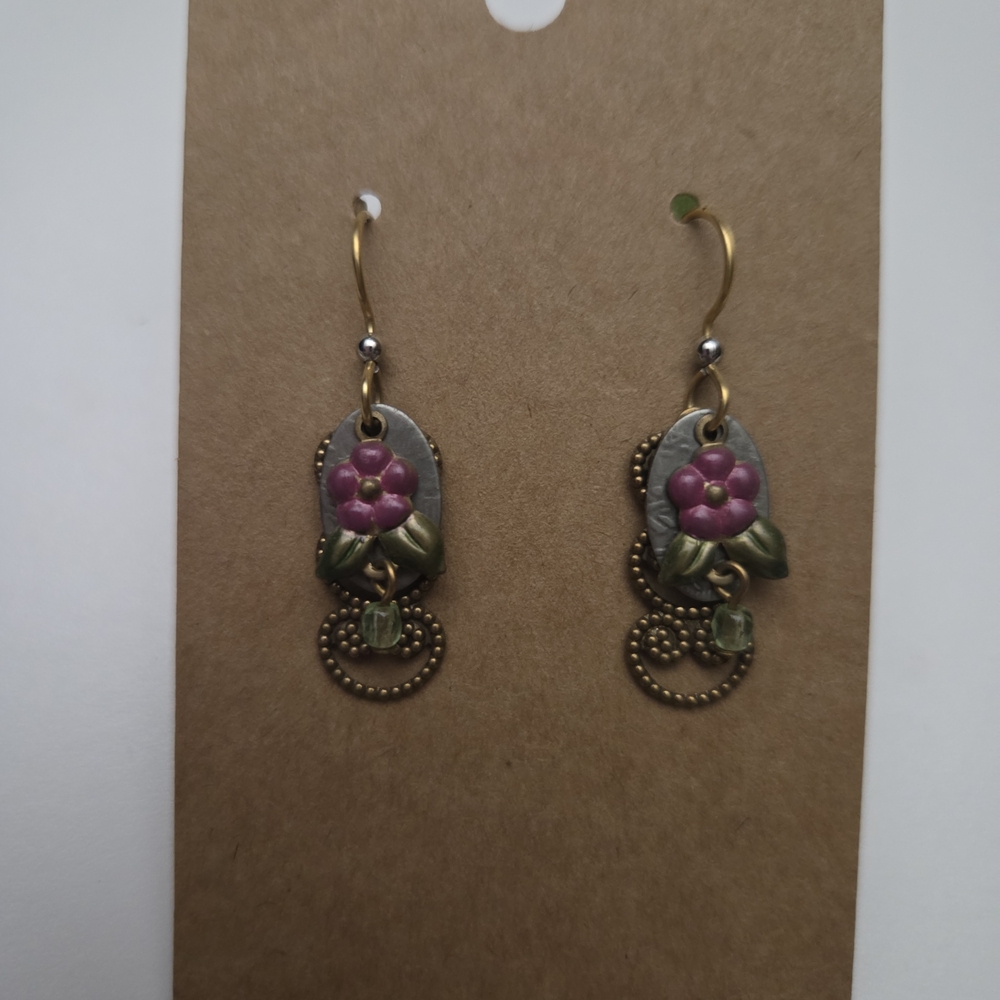 New! Floral Gold and Pink Dangle Earrings